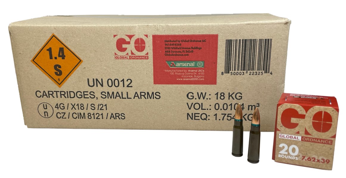 Global Ordnance 7.62X39 122GR FMJ Steel Case 1000 RD Case - Made by Arsenal (Non Corrosive)